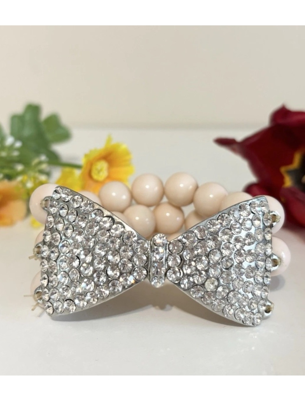 Glam Crystal Rhinestone Embellished Bow Multi-Strand Pink Bead Stretch Bracelet